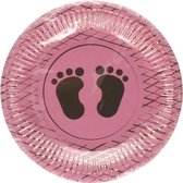 Kartonnen Bordjes roze met gouden voetjes klein geboorte meisje 18 cm 8 st - Wegwerp borden - Feest/verjaardag / gebak borden -baby shower