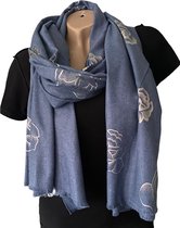 Lange Warme Dames Sjaal - Bloemenprint - 2-Zijdig - Jeansblauw - 180 x 70 cm (18-15)