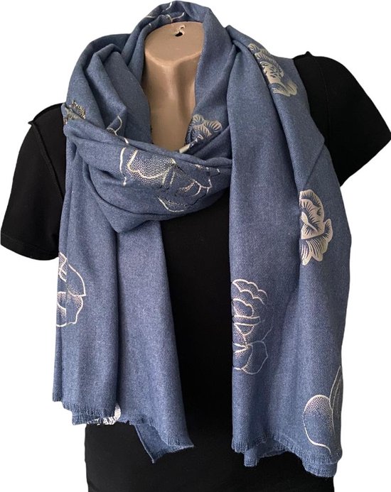 Warme Sjaal - Bloemenprint - 2-Zijdig - Jeansblauw - 180 x 70 cm (18-15)
