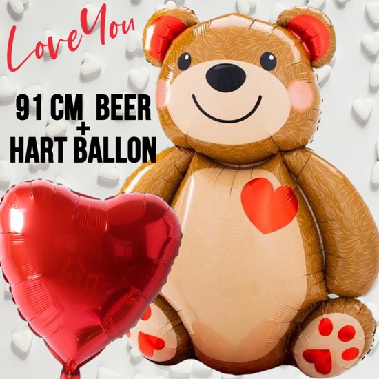 Allernieuwste Liefdes Set 91 cm Beer + Hart Ballon Opblaasbaar - 2 Folie Ballonnen XXL - Valentijnsdag cadeau - Valentijn - Verliefde Beer