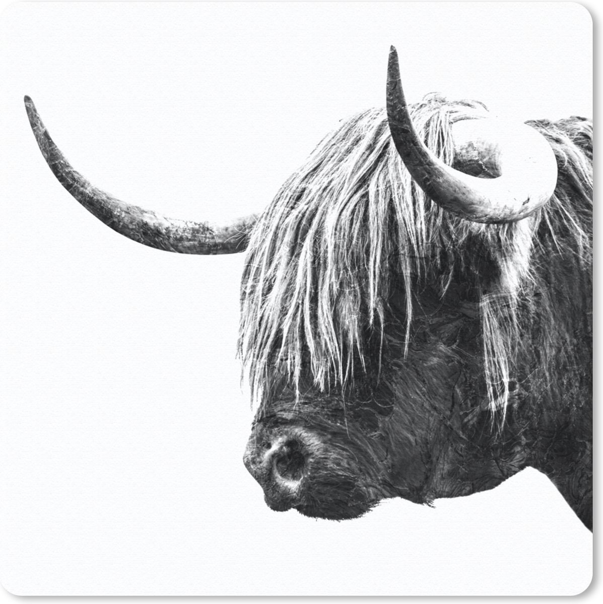 Muismat 30x30 cm - Mousepad Schotse hooglander - Hoorn - Zwart - Wit - Muismatten