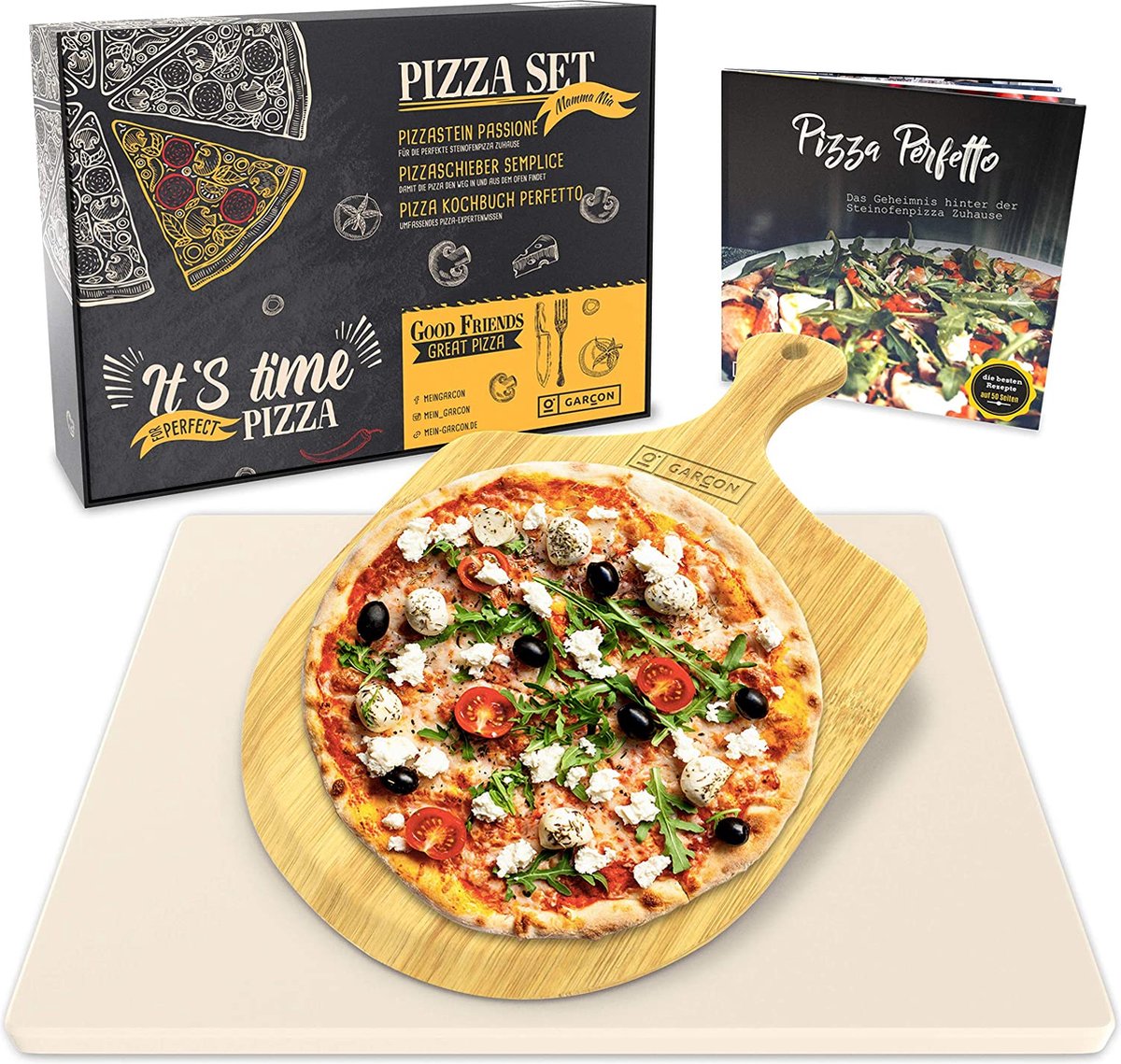 GARCON pizzasteen voor oven en gasgrill - vergelijkende winnaar 2019-3st set incl. pizzasteen, pizzaschuiver & kookboek voor pizza bakken