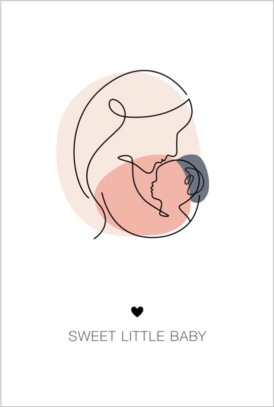 Poster - lijntekening - moeder - met baby – wit - roze - wanddecoratie - kinderkamer - 30x40 cm