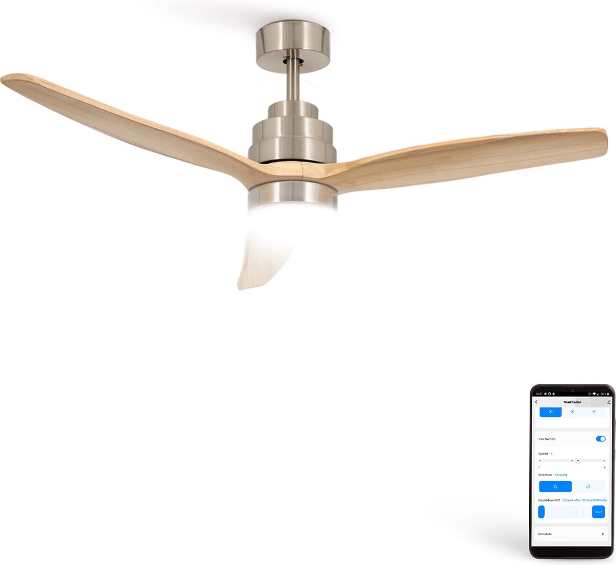 CREATE WINDSTYLANCE DC NIKKEL - Plafondventilator Met Afstandsbediening - Met Licht & WIFI - 6 Snelheden - Timer - 132 cm - Zomer/Winter Functie - Nikkel & Naturel hout
