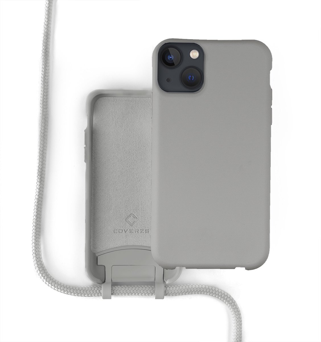 Coverzs Silicone case met koord - Telefoonhoesje met koord - Backcover hoesje met koord - touwtje - geschikt voor Apple iPhone 13 Mini - grijs