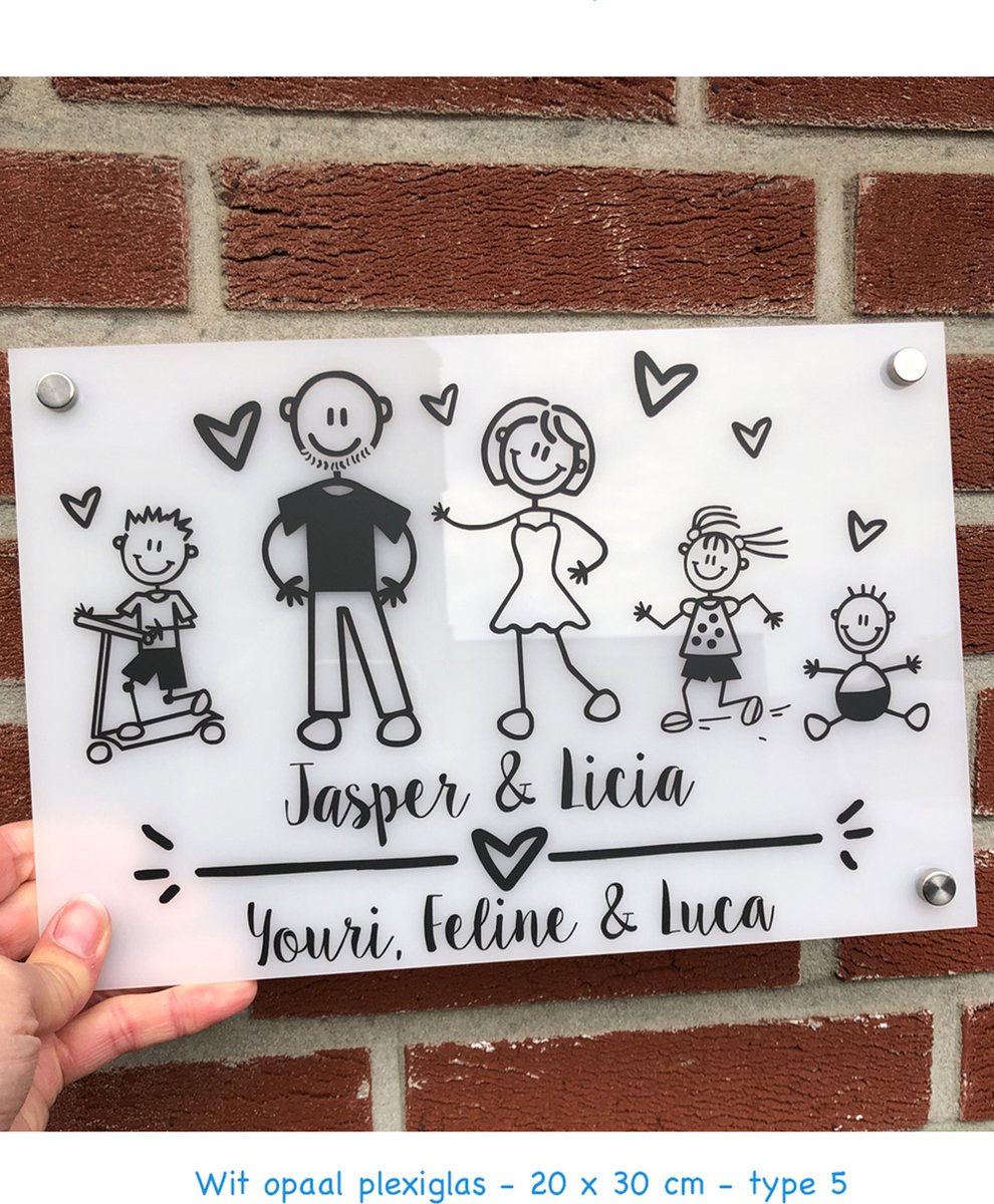 Naambord Familie - 20 cm x 30 cm - wit plexiglas/zwarte opdruk - kies zelf je figuurtjes - compleet pakket