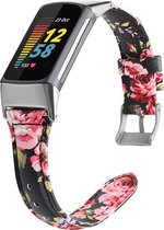 Bracelet cuir noir Pink Flower adapté pour Fitbit Charge 5