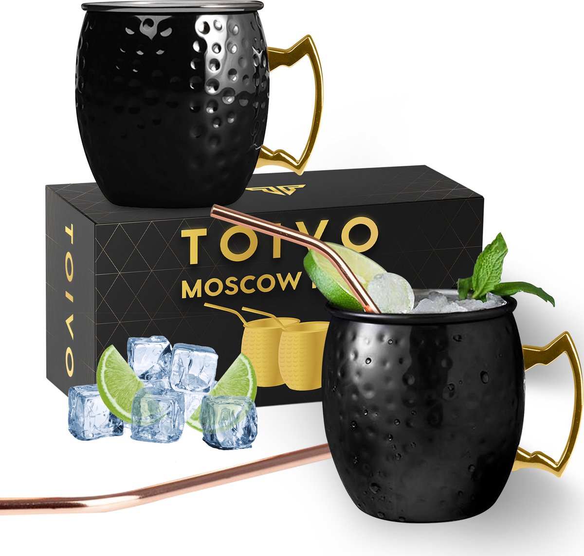 Toivo 100% Koper Moscow Mule Bekers Deluxe 2 Stuks - Zwart - Inclusief RVS Rietjes - 500 ml - Cocktailglas - Koperen Beker