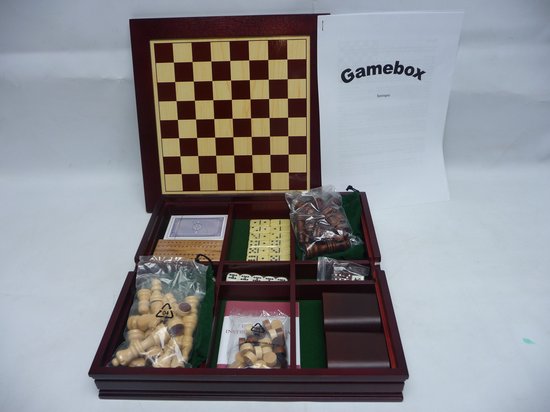 Thumbnail van een extra afbeelding van het spel Game box 7 spelen in 1 box, schaak, damen, domino, backgammon, cribbage, dobbelen, kaartspel.