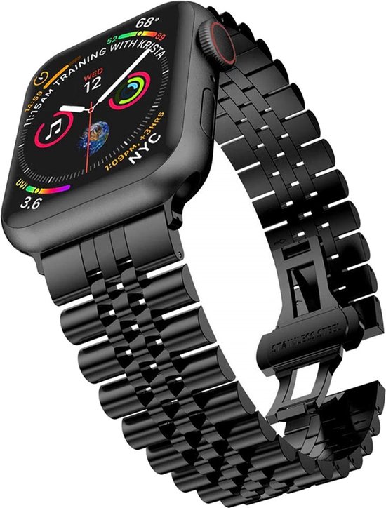 SmartphoneClip® Metaal schakel zwart Bandje geschikt voor voor Apple Watch 42mm, 44mm, 45mm, en 49 mm (alle generaties)