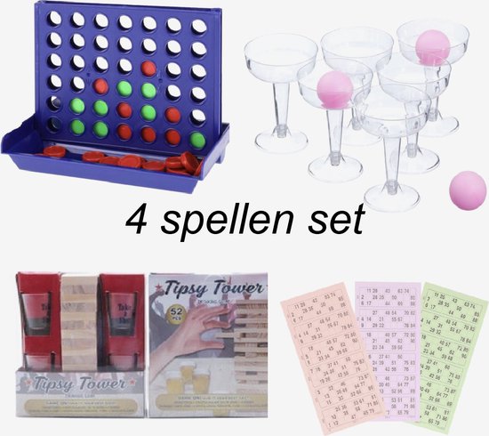 Thumbnail van een extra afbeelding van het spel Narvie drink spelletjes pakket - 4 op een rij reis editie – Jenga – Prosecco pong – Bingo set