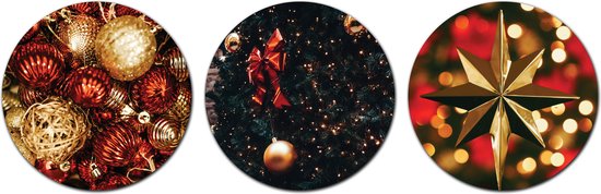 Forex Muurcirkel Set -  Set Kerstboom met kerstballen en kerstster - Set van 3 Wandcirkels met Ophangsystemen - 30x30x30