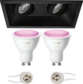 Prima Zano Pro - Inbouw Rechthoek Dubbel - Mat Zwart - Kantelbaar - 185x93mm - Philips Hue - LED Spot Set GU10 - White and Color Ambiance - Bluetooth