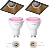 Luxino Zano Pro - Inbouw Vierkant - Mat Zwart/Goud - Kantelbaar - 93mm - Philips Hue - LED Spot Set GU10 - White and Color Ambiance - Bluetooth