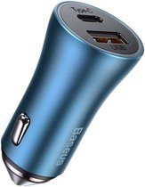 Baseus Fast Charge Autolader Snellader USB/USB-C 40W met Power Delivery Voor Samsung, Xiaomi, Huawei, iPhone, enz. (modellen die snellaadprotocollen ondersteunen). Blauw  	TZCCJD-03