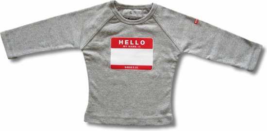 Twentyfourdips | T-shirt lange mouw baby met print 'My name is' | Grijs melee | Maat 74 | In giftbox