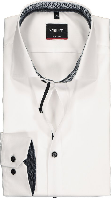 VENTI body fit overhemd - wit twill (zwart contrast) - Strijkvriendelijk - Boordmaat: 44