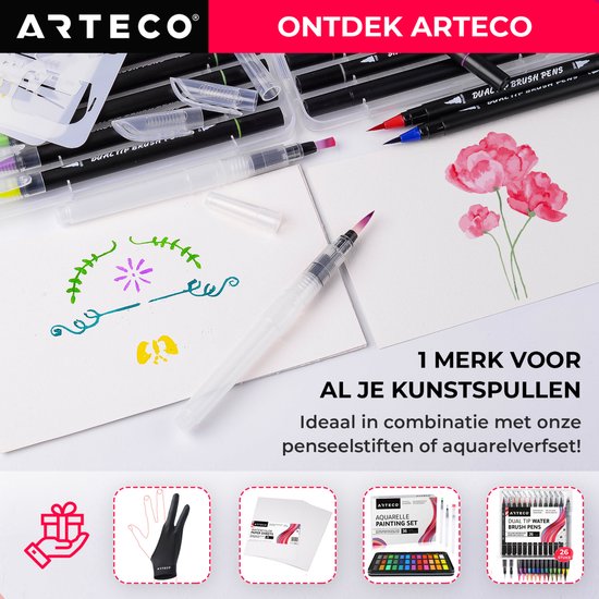 ARTECO® Set 6 Stuks Waterbrush Pennen (3 Punt + 3 Plat) - Navulbaar Penseel – Brushlettering & Kalligrafie