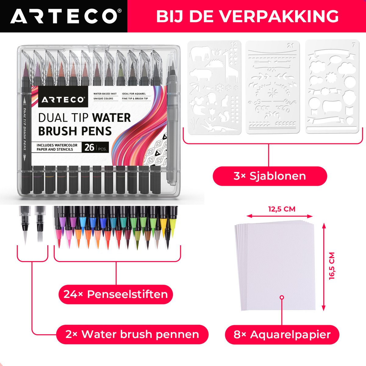 ARTECO® 24 Penseelstiften + 2 Water Brush Pennen Set - Inclusief Aquarel Papier en Sjablonen - Brushlettering – Penseelpen - Cadeau — afbeelding 10