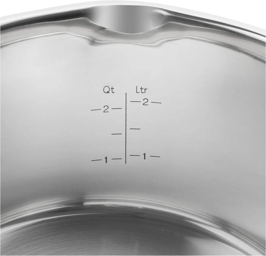 Detailopname van de binnenkant van een RVS pan met maataanduidingen in Qt en Ltr.