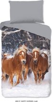Dekbedovertrek Bruine Pony's - Flanel-Katoen- 1 persoons- 140x200- dekbed slaapkamer- Happy Horses - paard