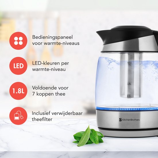 Glazen waterkoker met RVS accenten, zwarte handgreep en blauwe LED-verlichting. Inclusief theefilter.