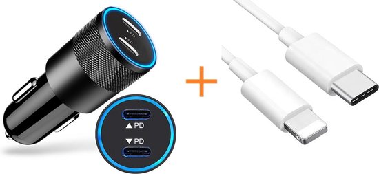 amusement troosten Niet meer geldig Autolader USB C + iPhone kabel - Auto oplader USB - USB C autolader 2  poorten - Auto... | bol.com