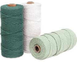 Navaris macramé garen set van 3 - Katoenen koord voor doe-het-zelfprojecten - 100% natuurlijk katoen - 3mm x 100m - Wit, lichtgroen en groen