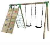 Horby Bruk® Dubbele Schommel - Inclusief Klimmuur en Klimnet, 2 schommelzitjes en 4 grondankers - Houten Schommel - Buitenspeelgoed voor jongens - Buitenspeelgoed meisjes - LxBxH 180 x 295 x 