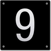 Huisnummerbord - huisnummer 9 - zwart - 12 x 12 cm - rvs look - schroeven - naambordje - nummerbord  - voordeur