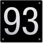 Huisnummerbord - huisnummer 93 - zwart - 12 x 12 cm - rvs look - schroeven - naambordje - nummerbord  - voordeur