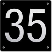 Huisnummerbord - huisnummer 35 - zwart - 12 x 12 cm - rvs look - schroeven - naambordje - nummerbord  - voordeur