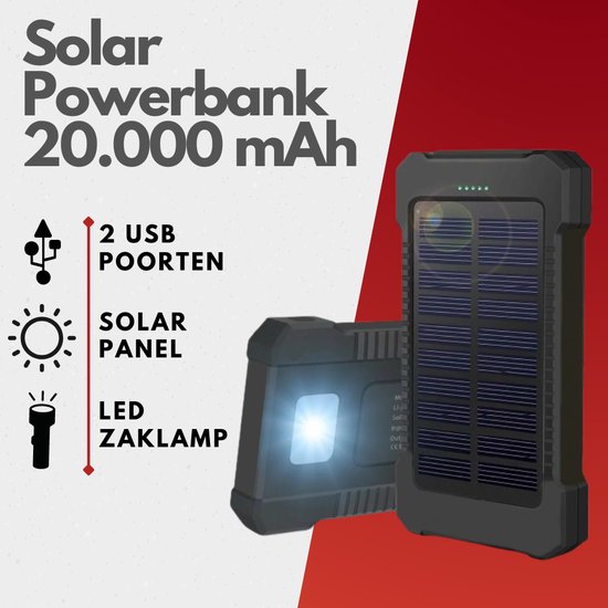 Solar charger Powerbank Oplader 20.000mAh Zonne