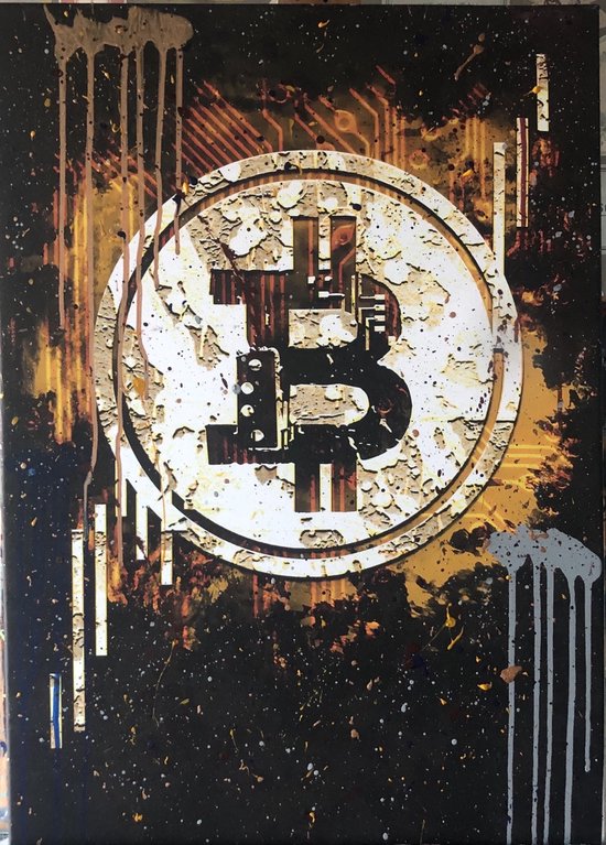 Schilderij  “ Bitcoin “ - Katoenen canvasdoek op houten frame, 70x50cm,3D- Print+Acrylverf