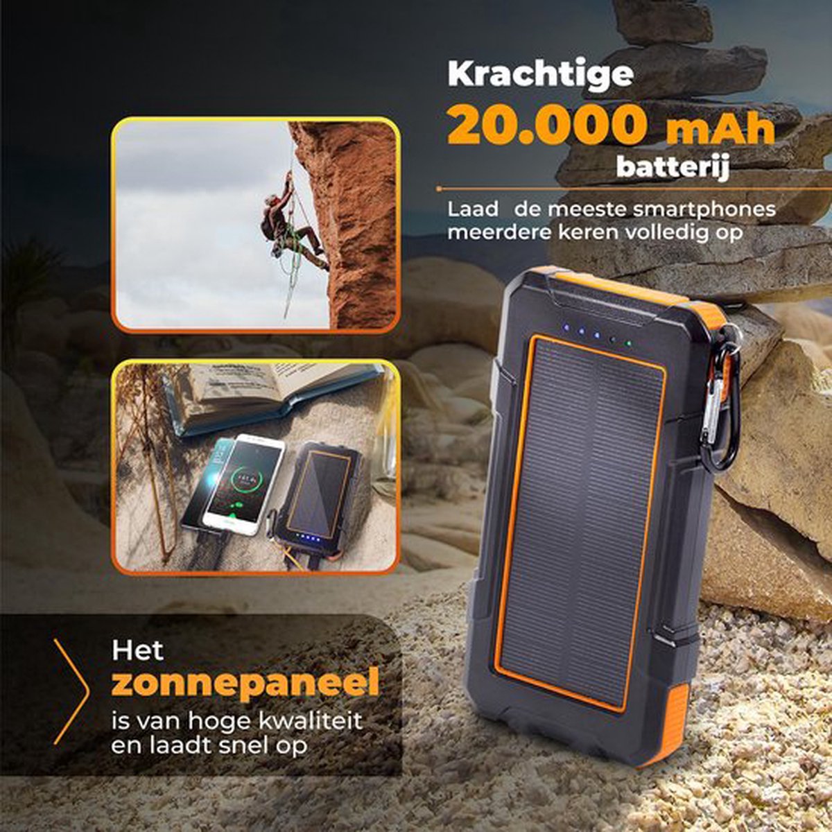 MM Brands Solar Powerbank 20000 mah - USBC/Micro USB - afbeelding 2