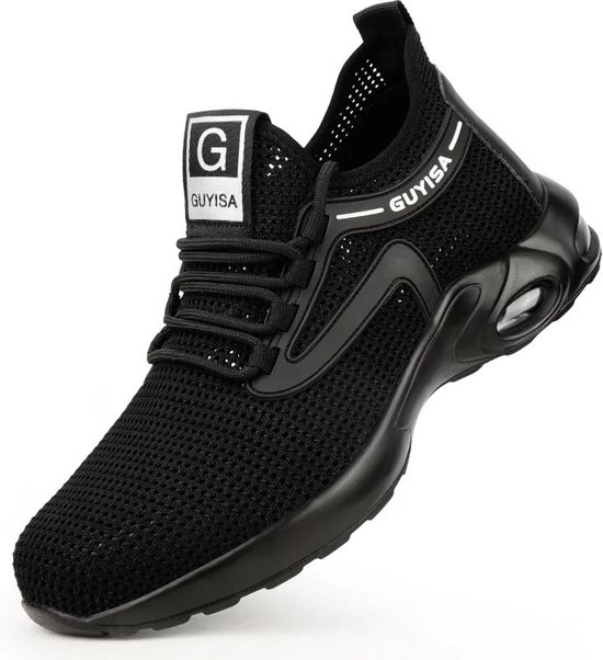SDEQA Veiligheidsschoenen heren stalen teen dop trainers dames lichtgewicht ademende schok-absorbering met roterende knop veiligheid sneakers voor werkconstructie industrieel,zwart,45 EU
