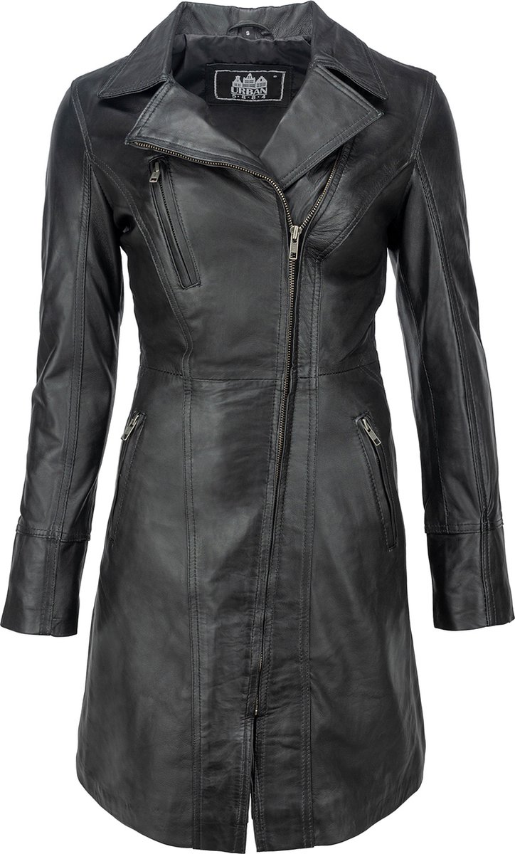 Urban 5884® - Janice - Dames - Lange Leren Jas - Lamsleer - Schuine ritssluiting - Zwart - Maat 4XL