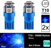 T10 Led Lamp Blauw 10000k (Set 2 stuks) Canbus 5W5 | W5W | 5 LED | Blue | Led Signal Light | 12V | 168 | 194 | 2x | Stadslicht | Kentekenplaat Verlichting | 320 Lumen | 5050 5SMD |