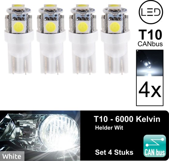 T10 Led Lamp Wit 6000k (Set 4 stuks) Canbus 5W5 | W5W | 5 LED | White| Led  Signal... | bol.com