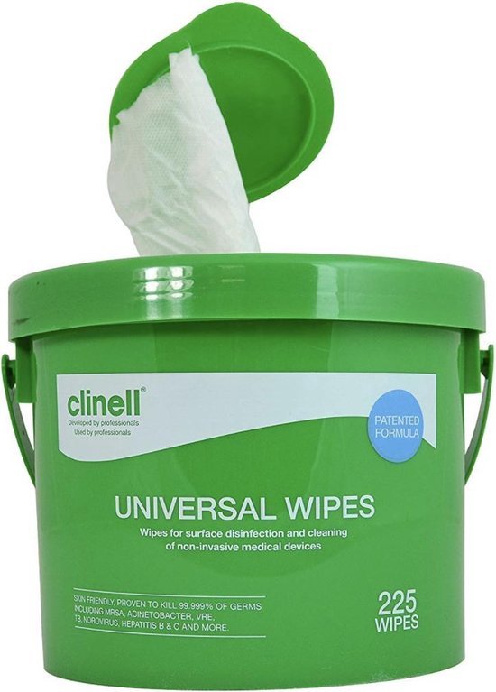 Clinell Universele reinigingsdoekjes met een grote Dispenser - Desinfectie Doekjes - Ontsmettingsdoekjes - 225 doekjes - 260 x 260 mm