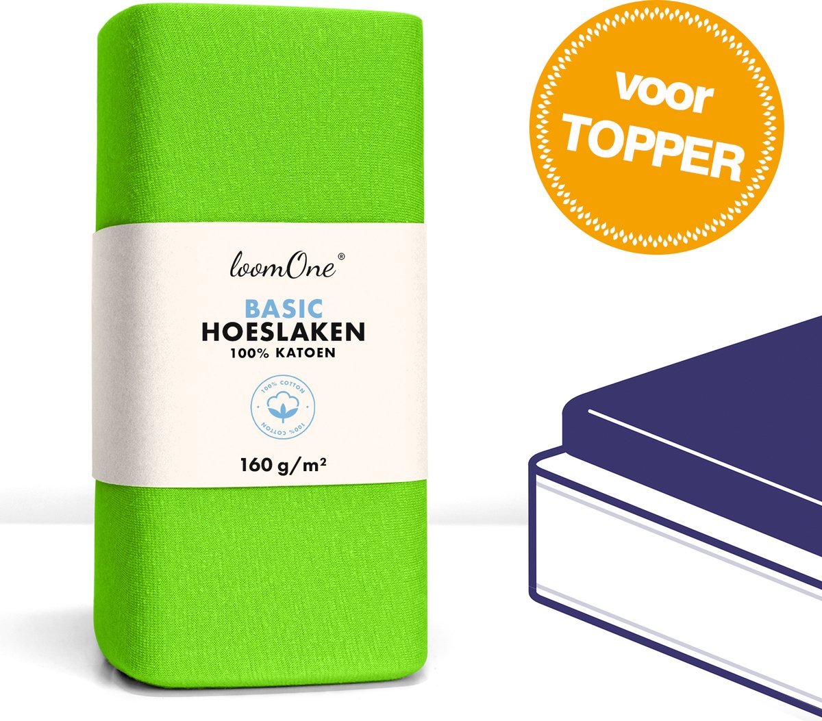 Loom One Hoeslaken Topper – 100% Jersey Katoen – 160x200 cm – tot 10cm matrasdikte– 160 g/m² – Groen