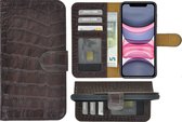 iPhone 11 Pro Hoesje - Bookcase - Portemonnee Hoes Echt leer Wallet case Croco Chocoladebruin