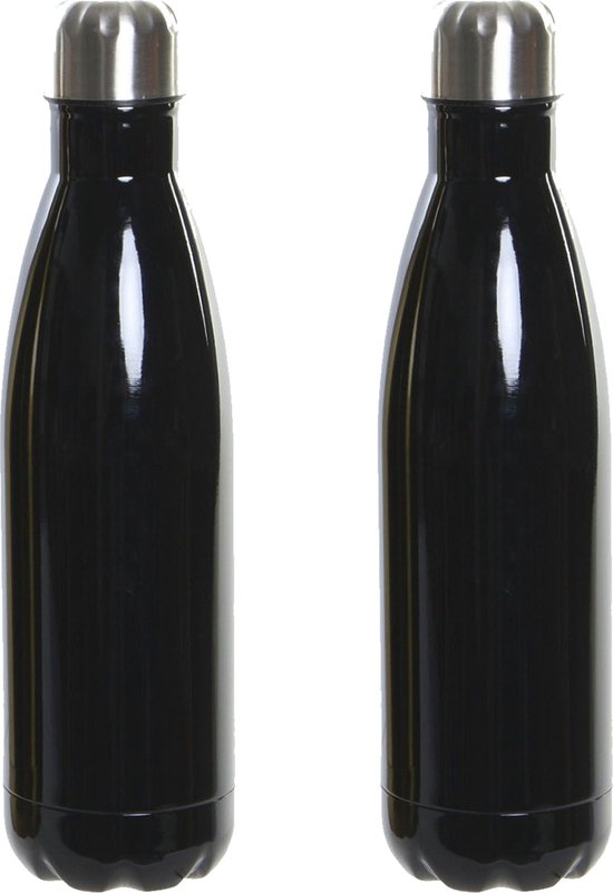 Set van 2x stuks RVS thermos waterfles/drinkfles zwart met schroefdop