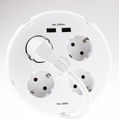 Stekkerdoos - 4 voudig - 2 usb ingangen - 1.5m - met schakelaar - wit - rond