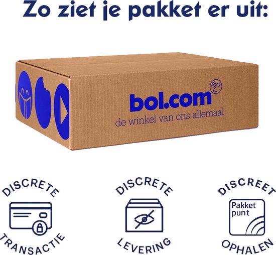 Een bruine kartonnen doos van bol.com met logo, met iconen voor discrete transactie, levering en ophalen.