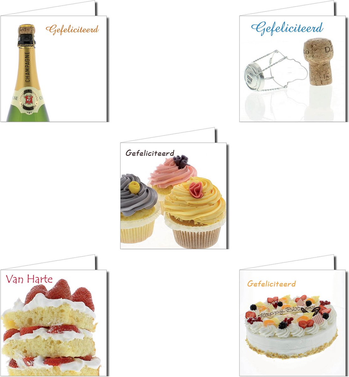 Verjaardagswenskaarten Pakket – 10 Stuks met Fles Champagne, Taart en Bloemen (14,5 x 14,5 cm)