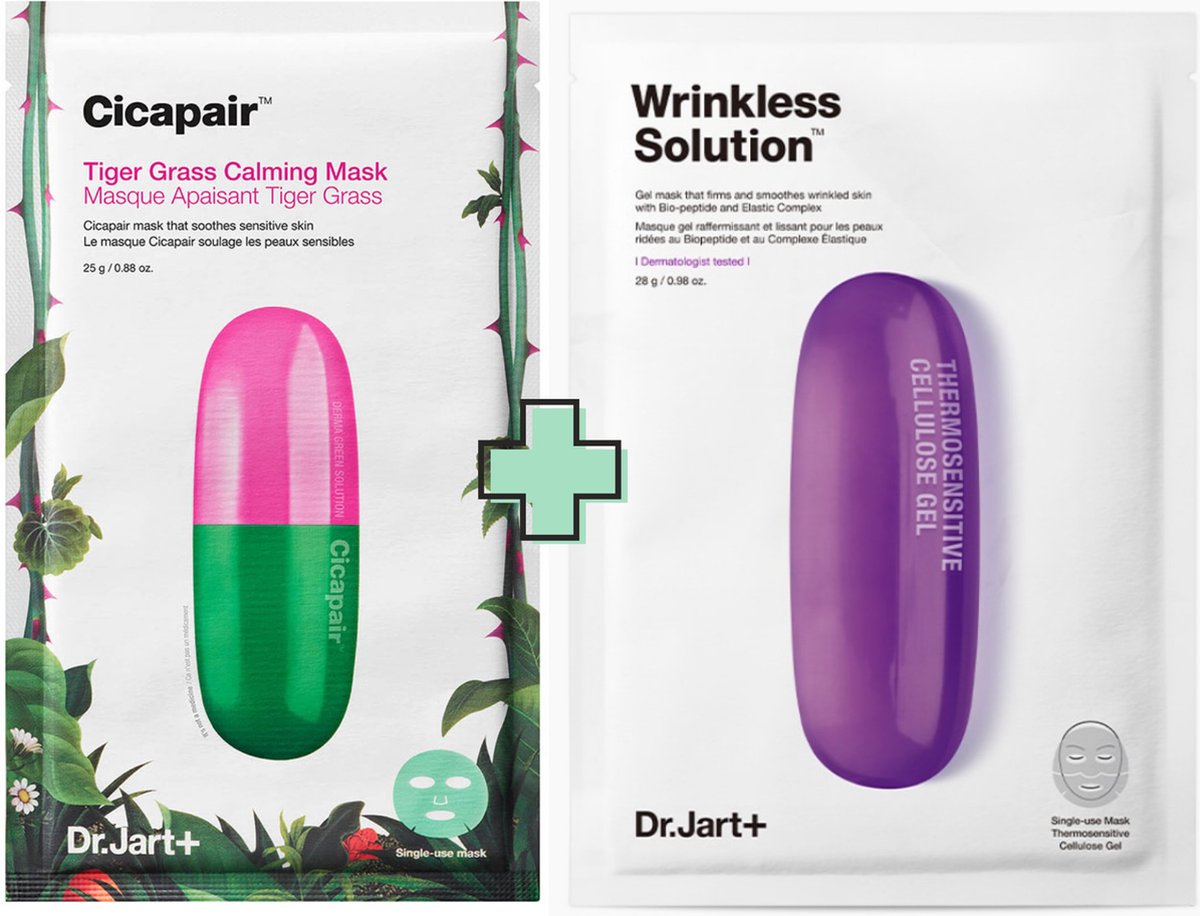 Dr.Jart+ Combi Mask Pack: Dr.Jart Cicapair Facial Barrier Mask + Dr.Jart Wrinkless Solution Face Mask | K-Beauty |Korean Beauty | Gezichtsmasker | Zuiverend | Hydraterend | Clean Beauty | Anti Age | Huidverzorging Set 2 Gezichtsmaskers