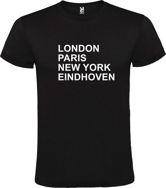 Zwart t-shirt met " London, Paris , New York, Eindhoven " print Wit size XL