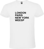 Wit t-shirt met " London, Paris , New York, Weesp " print Zwart size XL