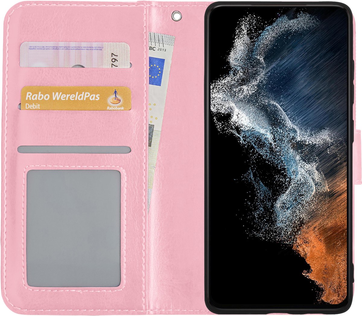 Hoesje - Met Pasjeshouder - Geschikt voor Samsung Galaxy S22 Plus - Luxe Bookcase Portemonee - Flip Case - Kunstleer Book Case - Flipcase - Book Cover - Walletcase - Portemonneehoes - Lichtroze